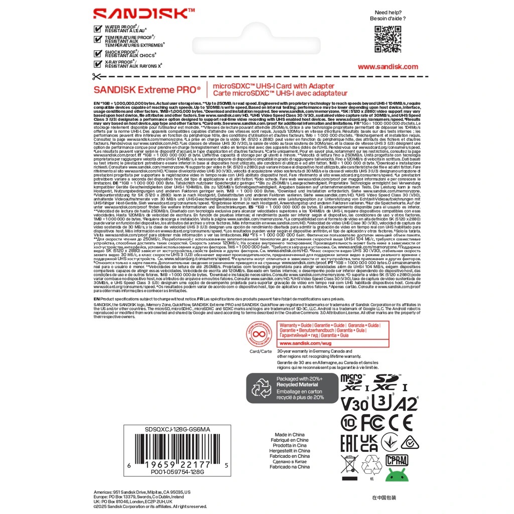 SanDisk 128Gb Extreme PRO V30 A2 Micro SDXC